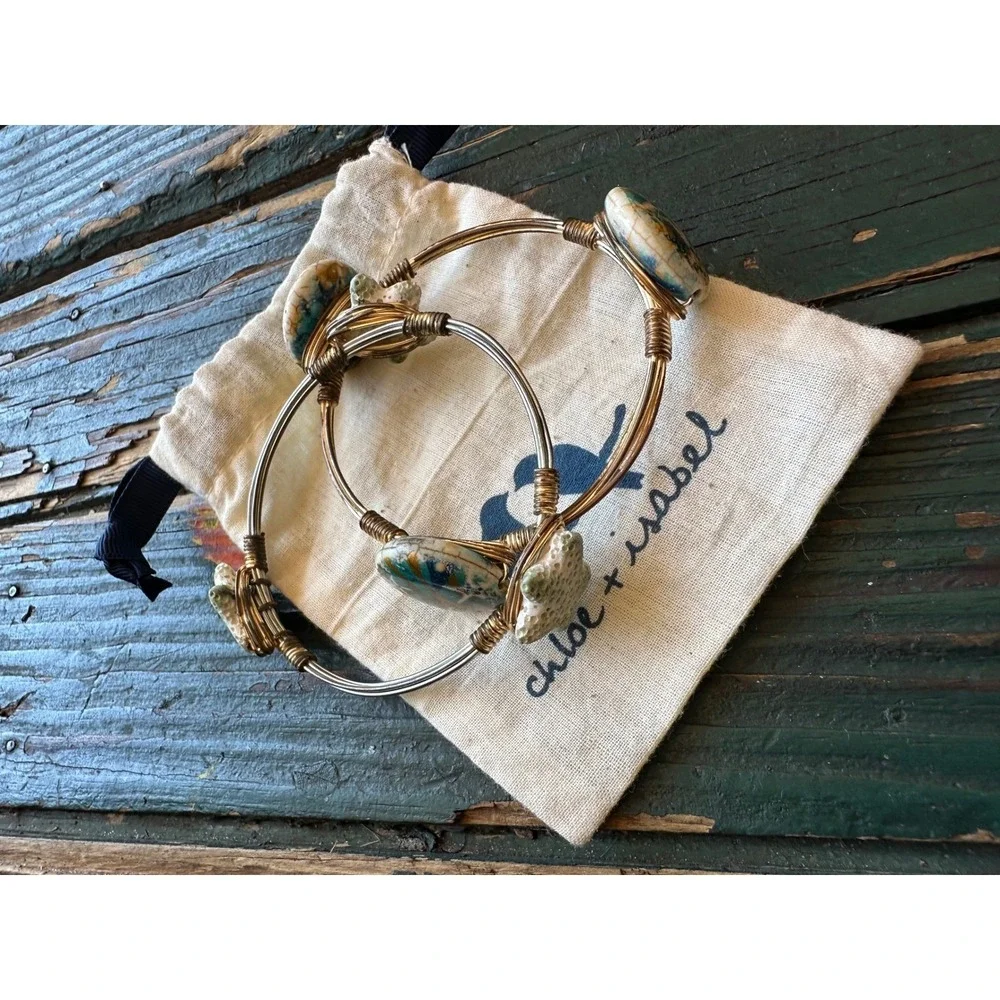 Chloe‎ + Isabel Starfish Coastal Wire Wrapped Bangle Bracelet Set Teal Gold 2pc